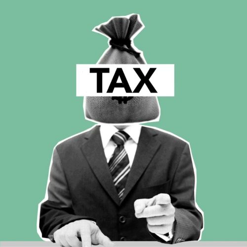 Concept illustration of man with money bag instead of head in suit representing financial concept on green background